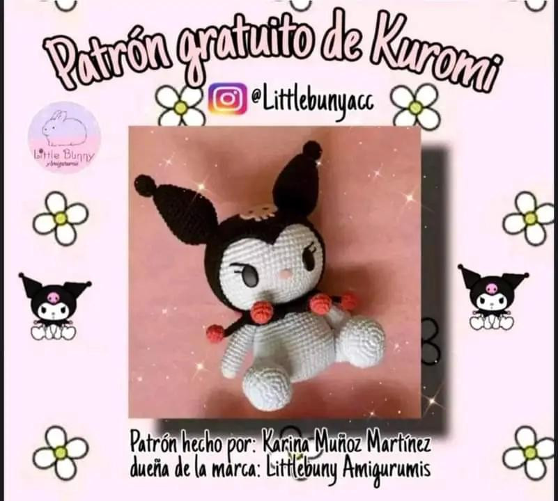 Patrón gratuito de Amigurumi Kuromi: Tutorial completo paso a paso para tejer la muñeca negra y blanca con orejas puntiagudas