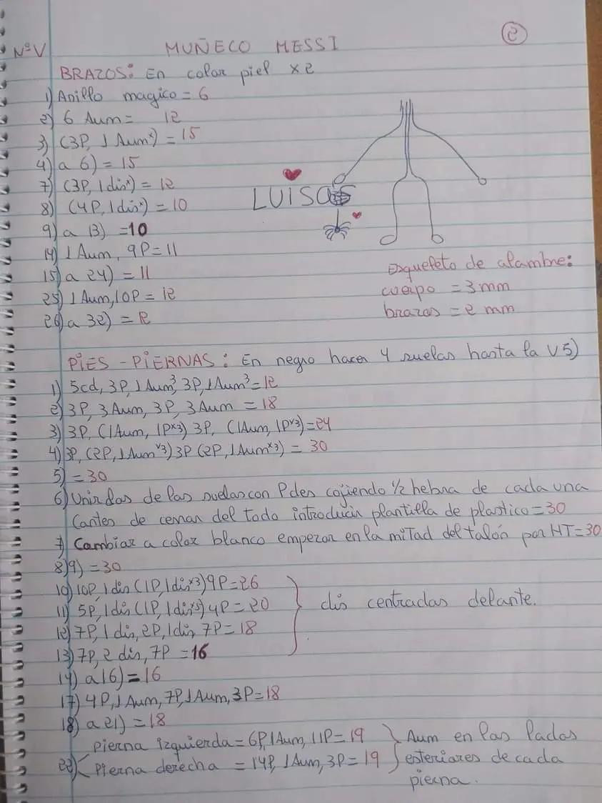 Patrón gratuito de amigurumi Lionel Messi con uniforme de Argentina, guías paso a paso escritas a mano