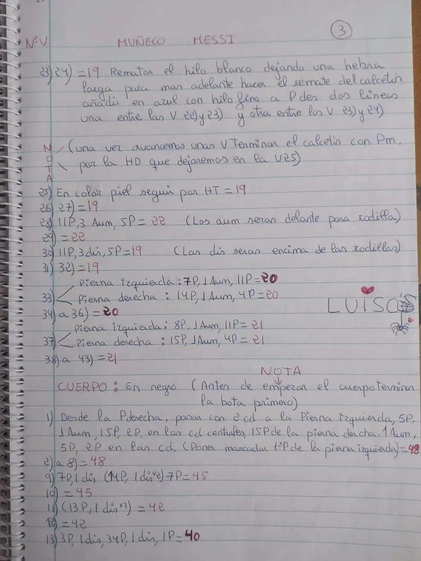 Patrón gratuito de amigurumi Lionel Messi con uniforme de Argentina, guías paso a paso escritas a mano