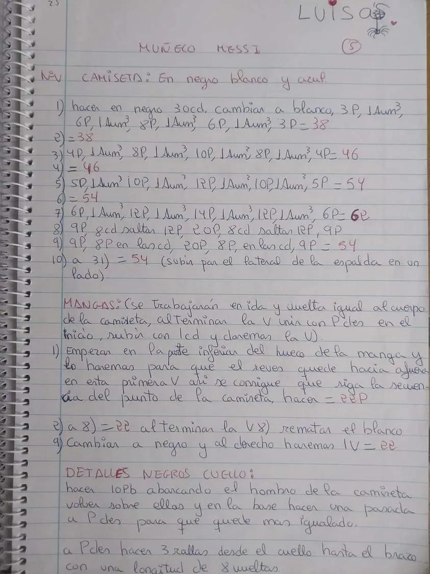 Patrón gratuito de amigurumi Lionel Messi con uniforme de Argentina, guías paso a paso escritas a mano