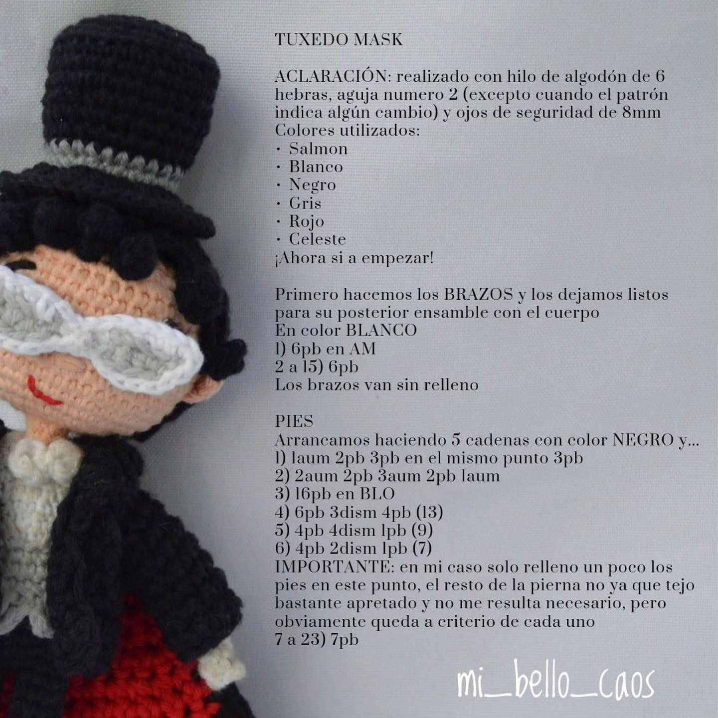 Patrón gratuito de amigurumi Tuxedo Mask con instrucciones paso a paso y diagramas en español