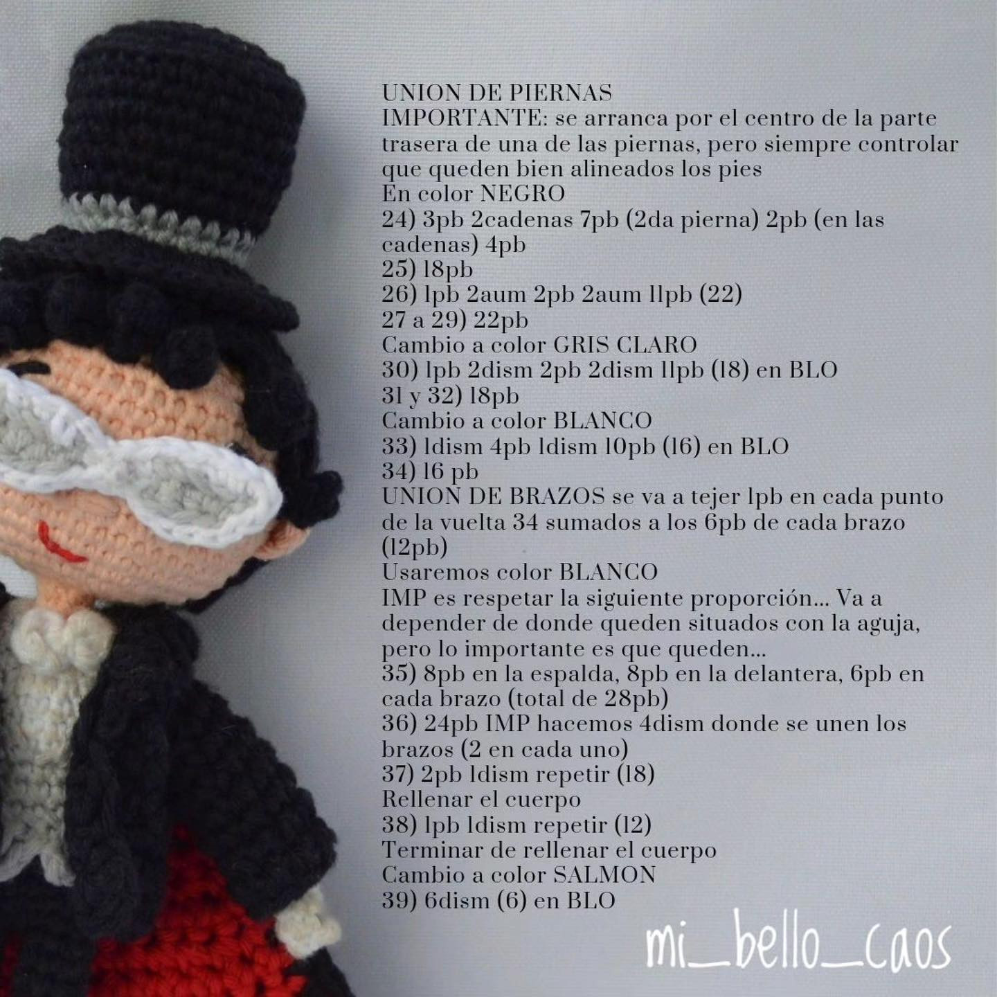 Patrón gratuito de amigurumi Tuxedo Mask con instrucciones paso a paso y diagramas en español