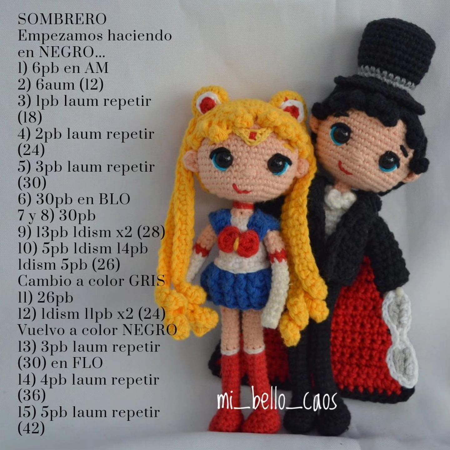 Patrón gratuito de amigurumi Tuxedo Mask con instrucciones paso a paso y diagramas en español
