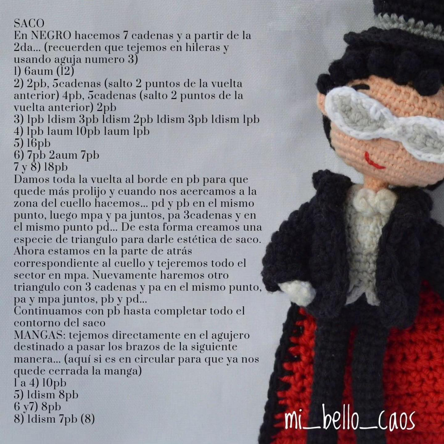 Patrón gratuito de amigurumi Tuxedo Mask con instrucciones paso a paso y diagramas en español