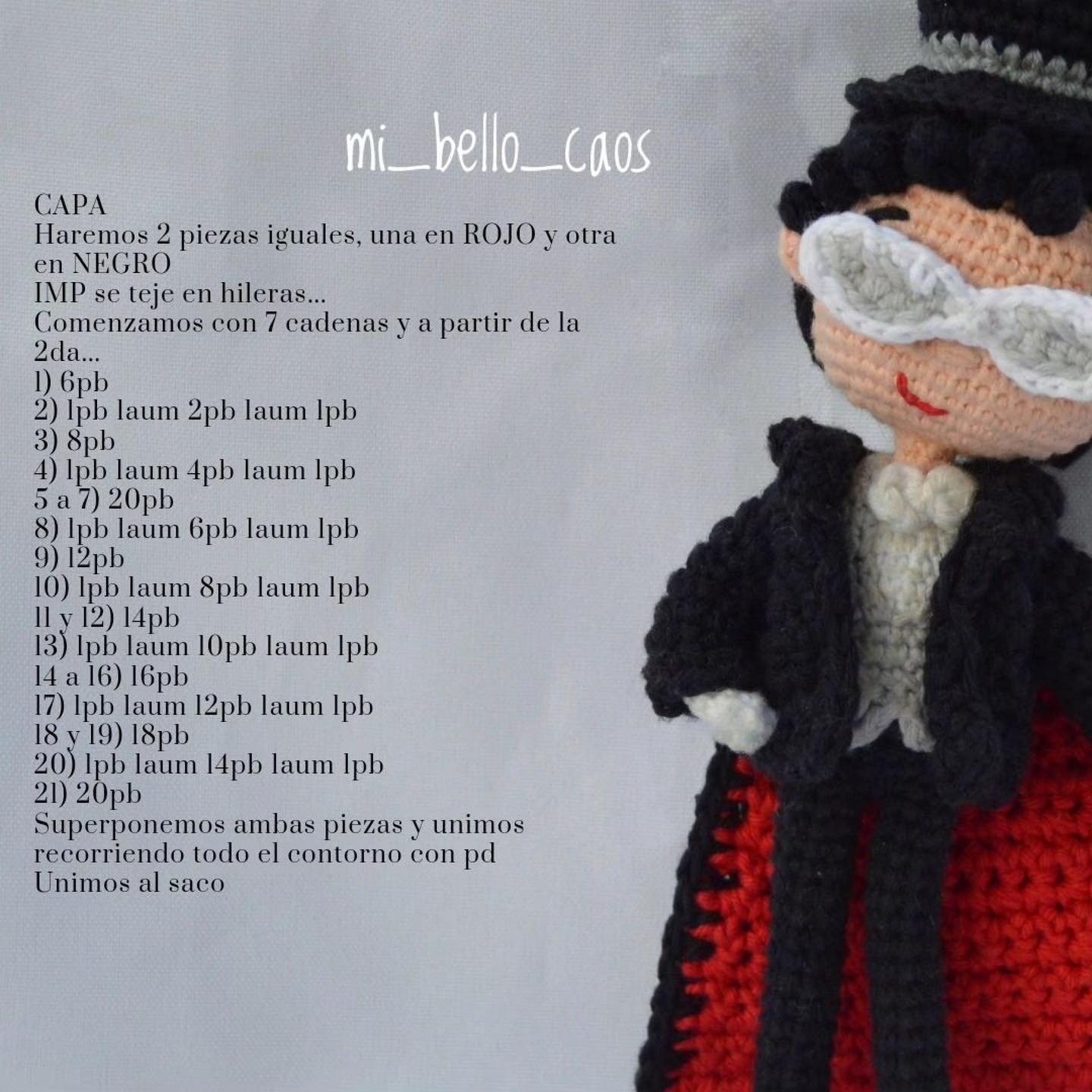 Patrón gratuito de amigurumi Tuxedo Mask con instrucciones paso a paso y diagramas en español