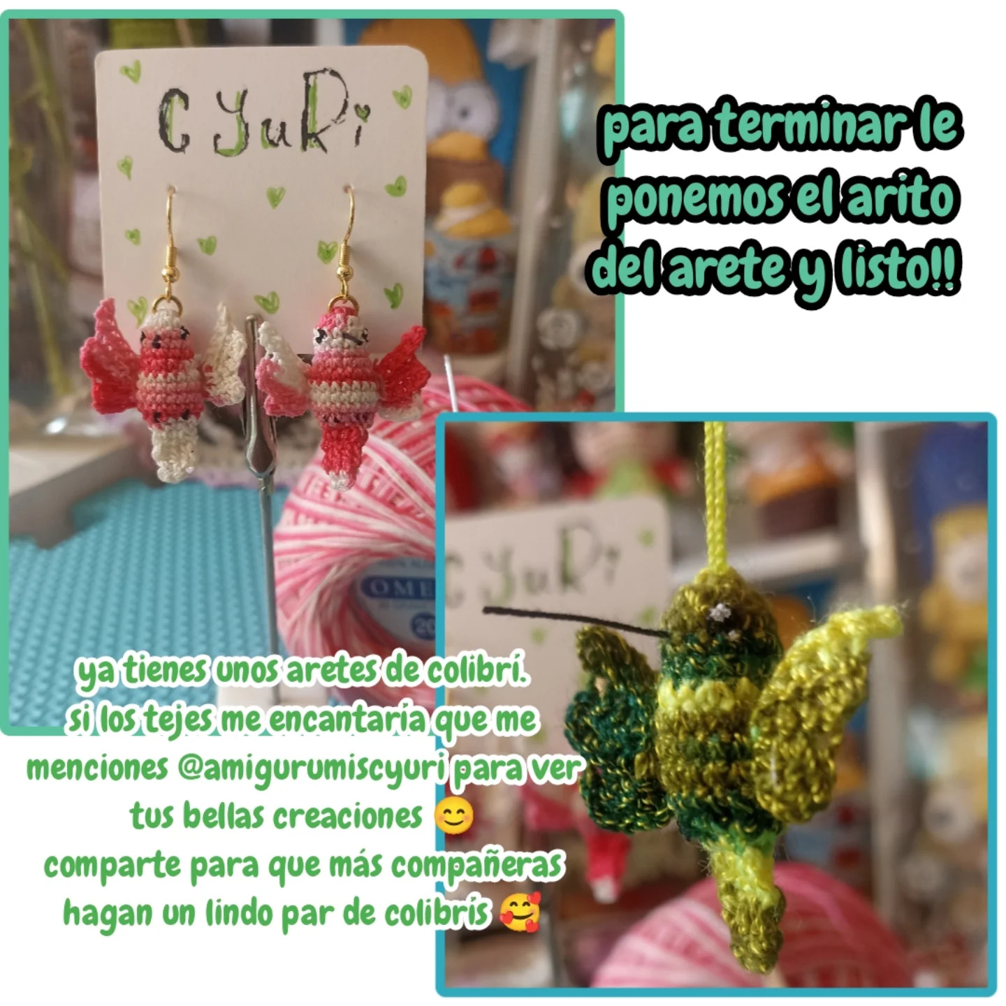 Patrón gratuito de aretes colibrí en amigurumi