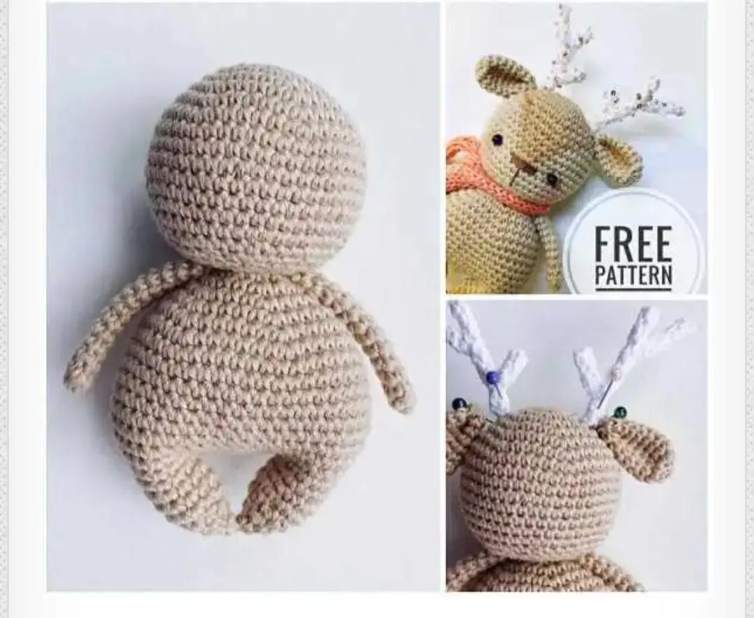 Patrón gratuito de crochet para hacer un adorable reno amigurumi con cuernos y bufanda