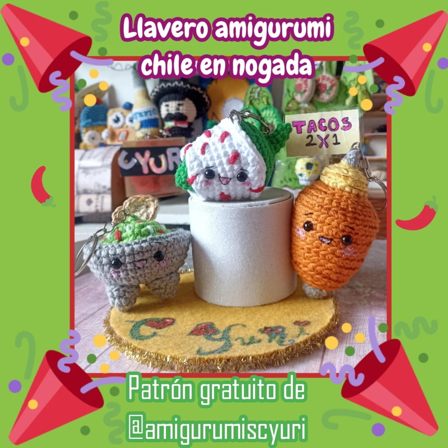 Patrón gratuito de llavero amigurumi Chile en Nogada mexicano