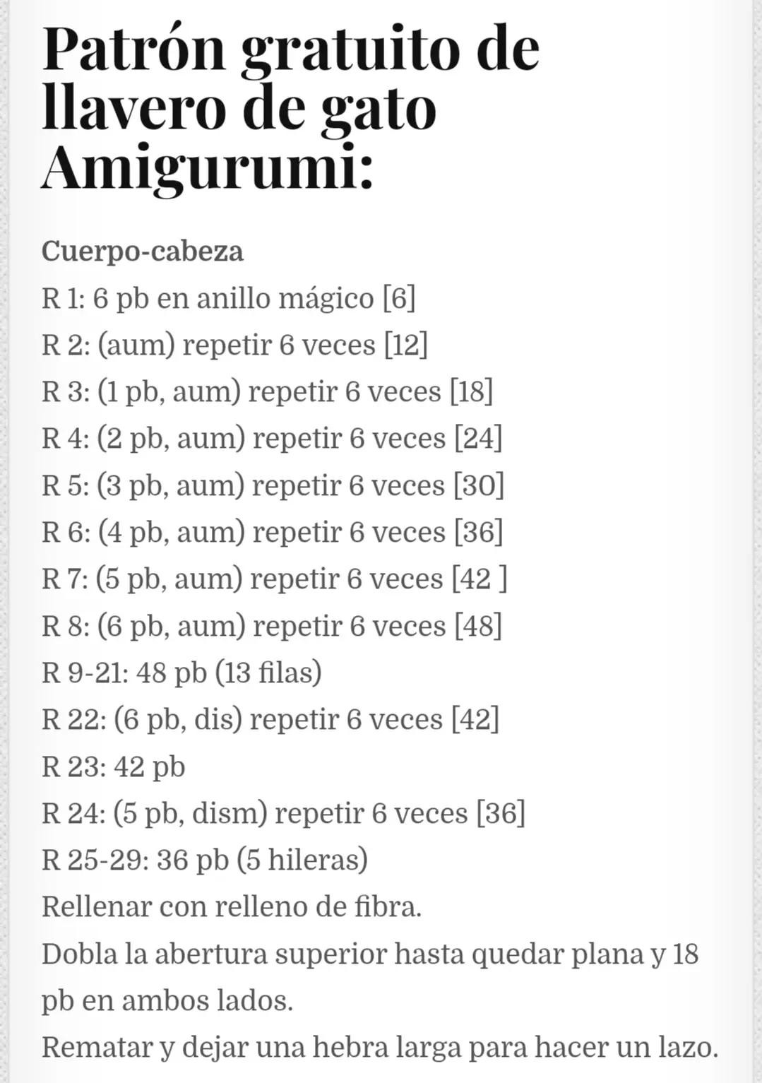 Patrón gratuito de llavero de gato Amigurumi: cuerpo, cabeza, brazos y piernas