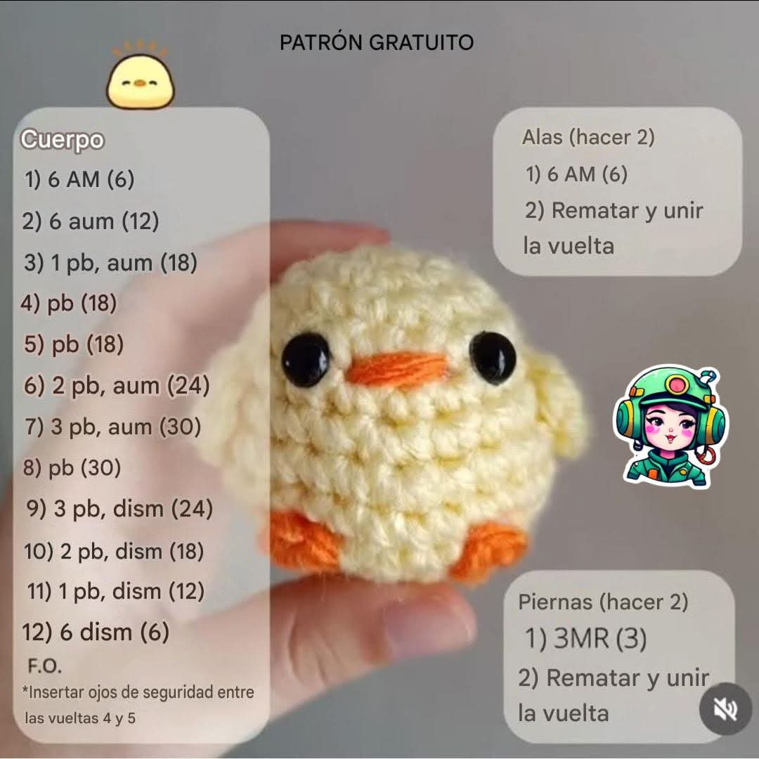 Patrón Gratuito de Pato Amarillo Mochado con Ojos Grandes