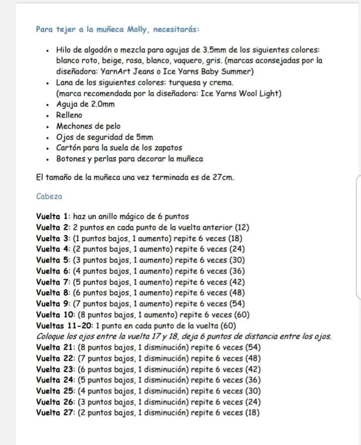 Patrón Gratuito Muñeca Amigurumi Molly con Gorro y Ropa