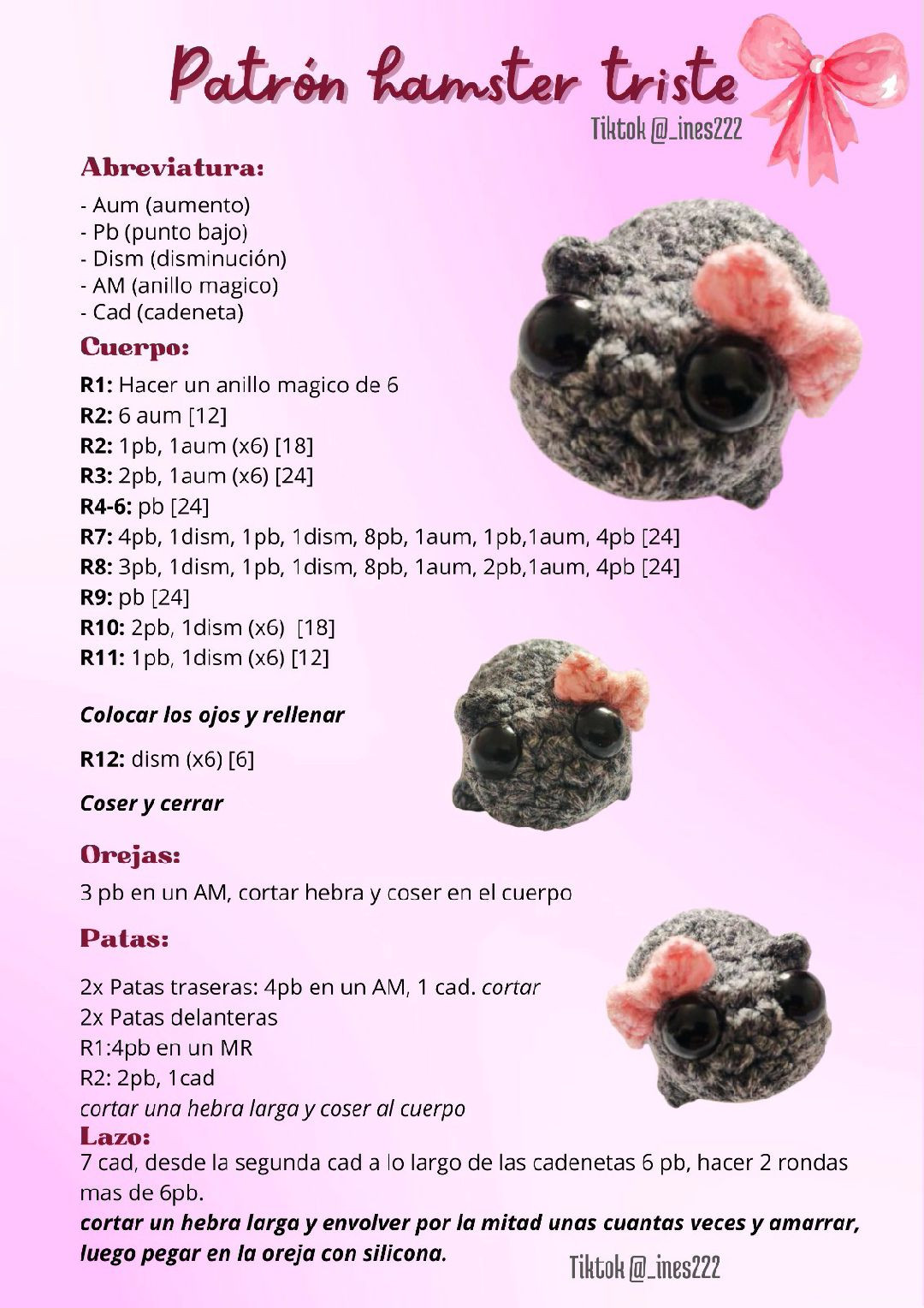 Patrón Hamster Triste Meme Crochet con Lazo Rosa