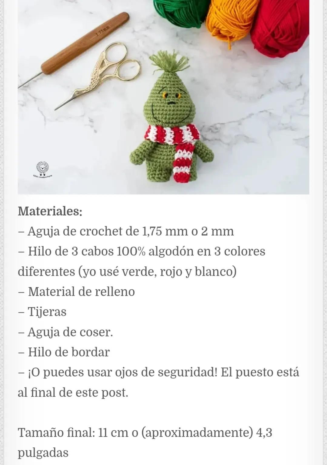 Patrón Libre Amigurumi Feliz Grinch: Búp bê móc len màu xanh lá với khăn quàng đỏ trắng, hướng dẫn chi tiết từng bước