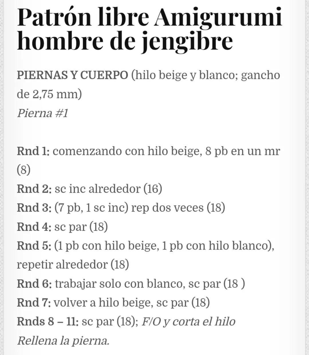 Patrón libre Amigurumi hombre de jengibre con hilo beige, blanco y rojo