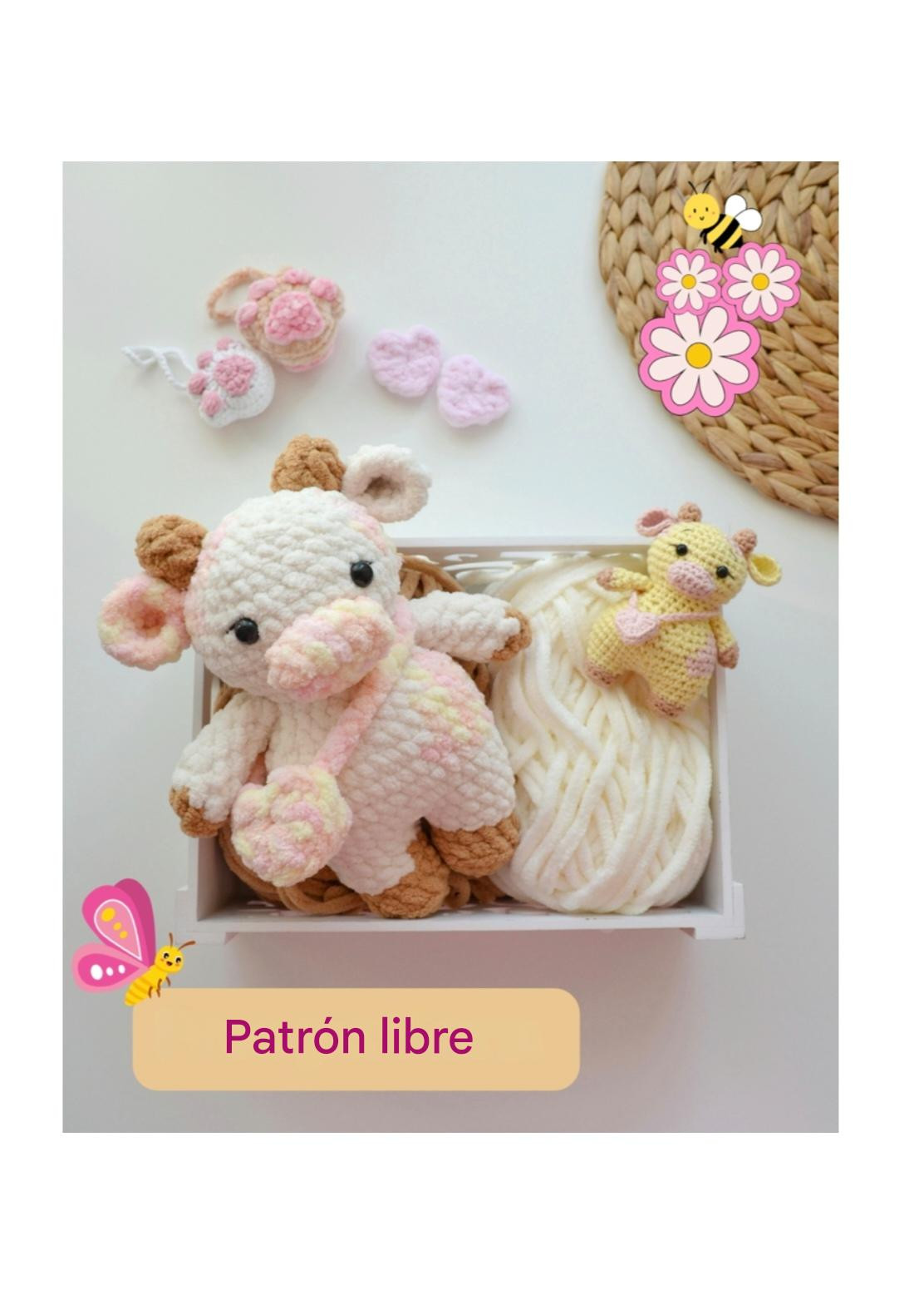 Patrón libre de amigurumi vaca con hilo felpa y colores pastel