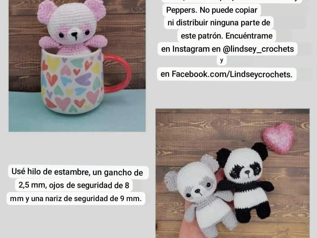 Patrón Libre de Mini Pandas Móc Len: Gấu Panda, Gấu Xám và Gấu Hồng