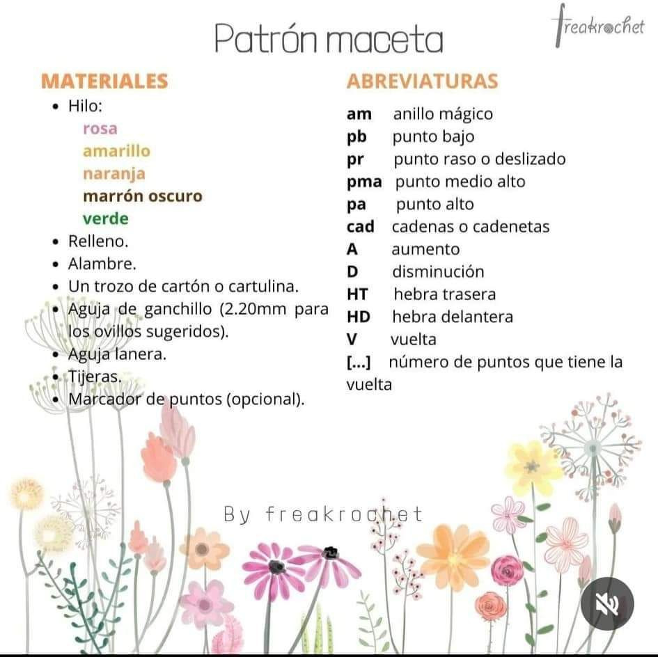 Patron maceta crochet con flores amarillas y rosas