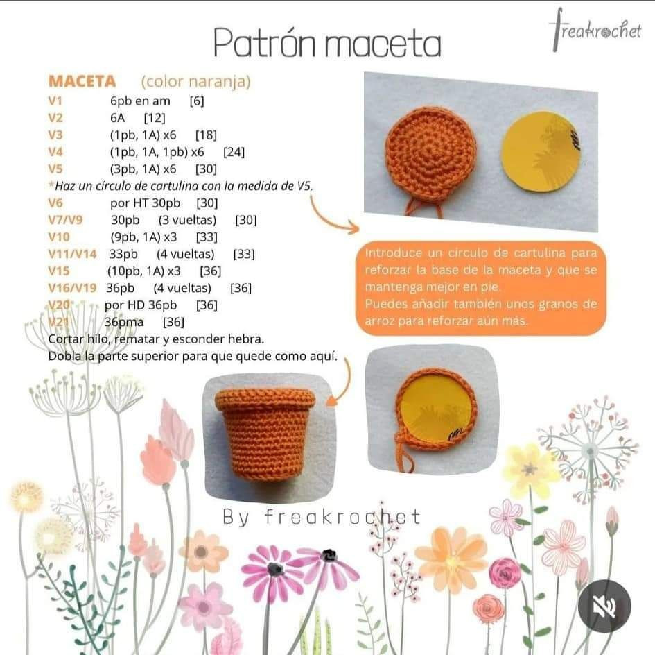 Patron maceta crochet con flores amarillas y rosas