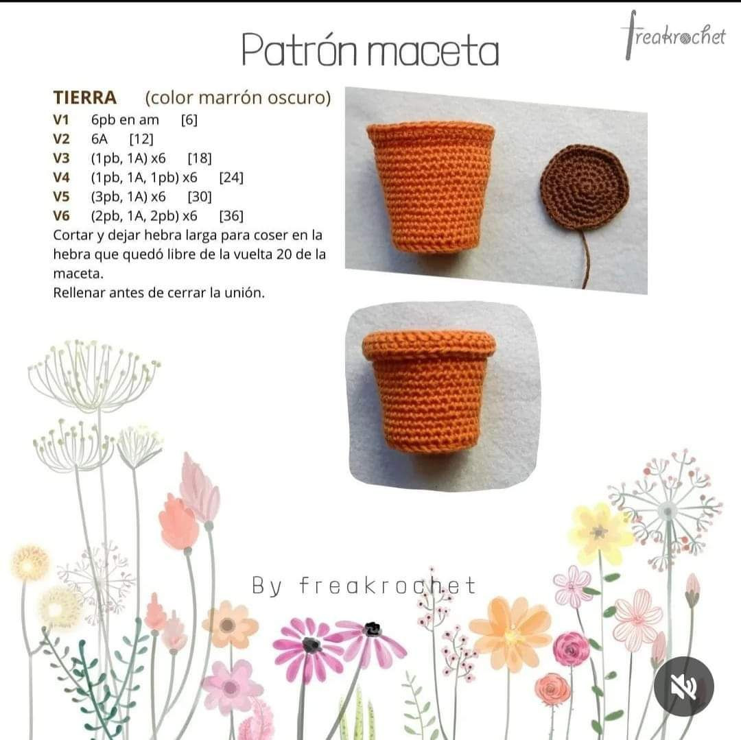 Patron maceta crochet con flores amarillas y rosas