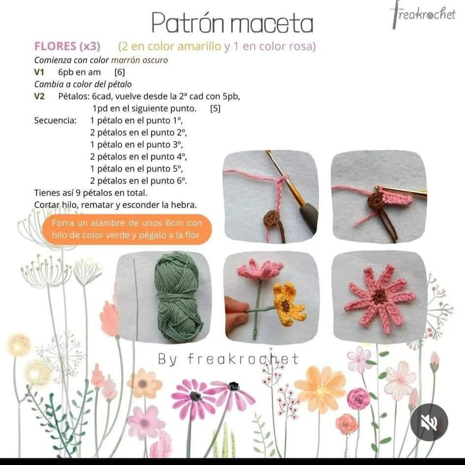 Patron maceta crochet con flores amarillas y rosas