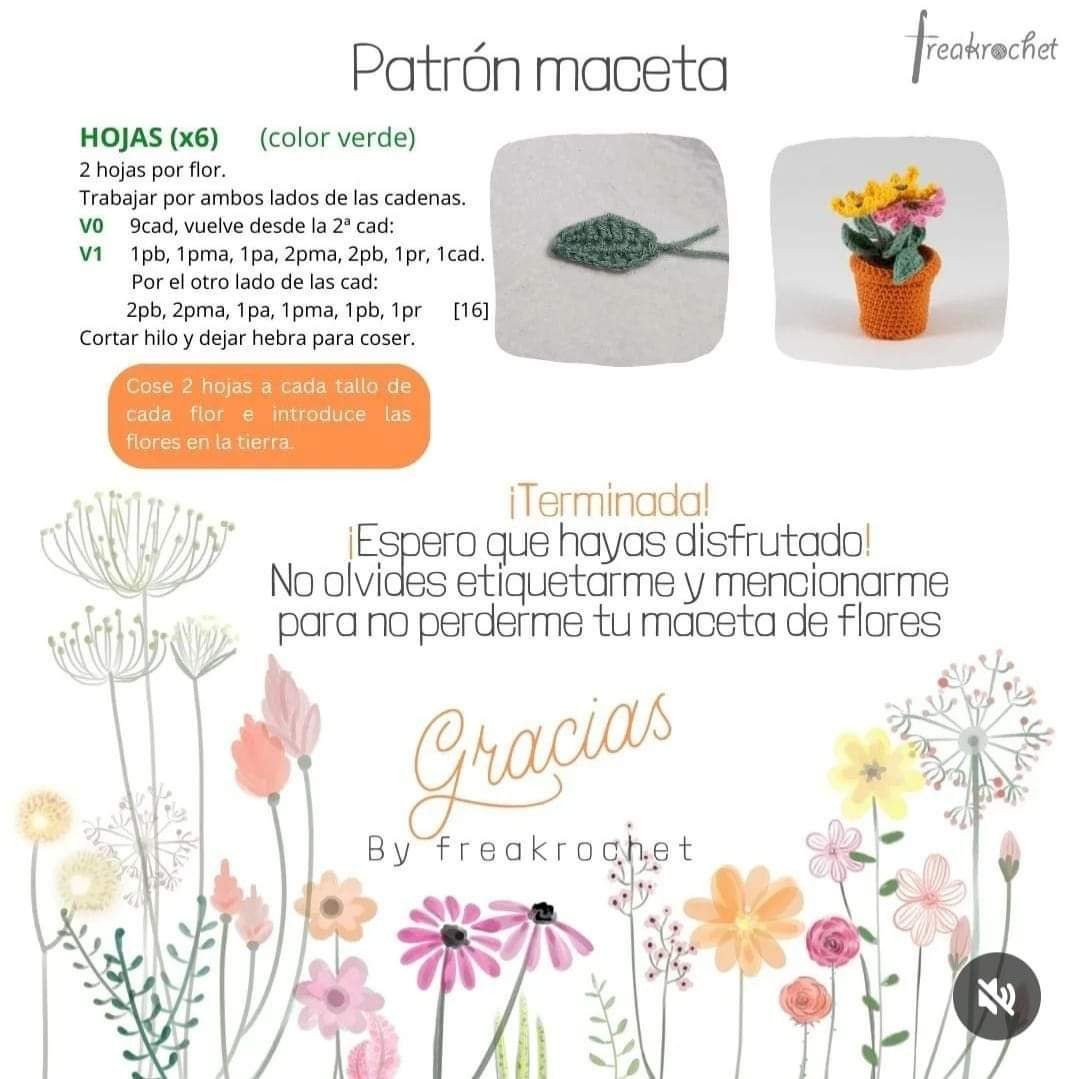 Patron maceta crochet con flores amarillas y rosas