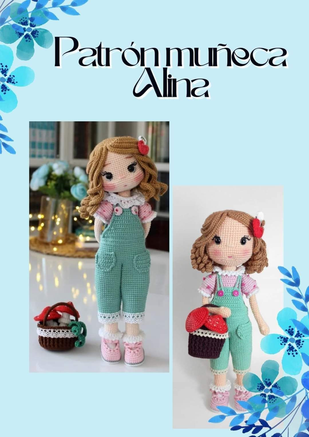 Patrón Muñeca Alina con canasta de cetas rojas