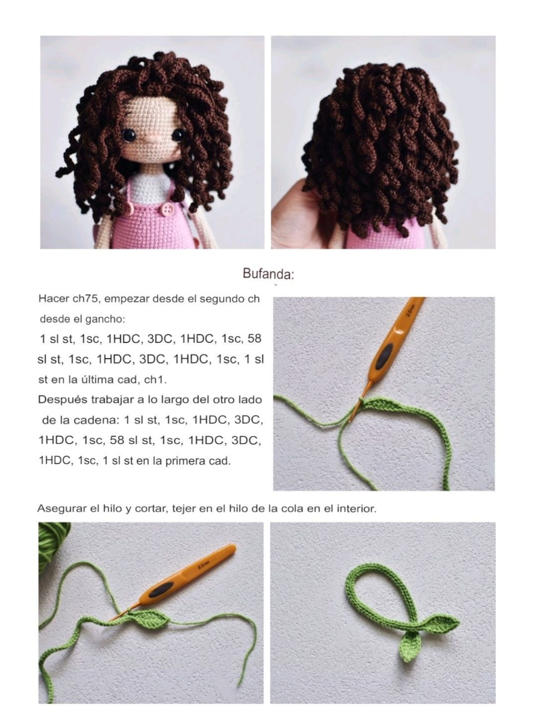 Patrón Muñeca Amigurumi con Pelo Rizado y Overol Rosa