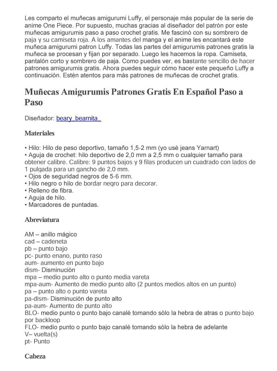 Patrón Muñeca Amigurumi Luffy One Piece Gratis PDF