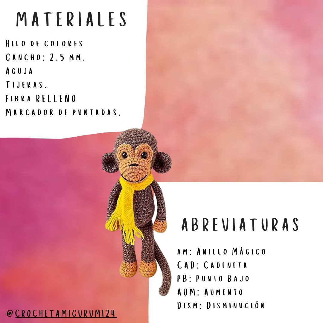Patrón paso a paso de mono amigurumi con bufanda amarilla, incluyendo materiales y abreviaturas