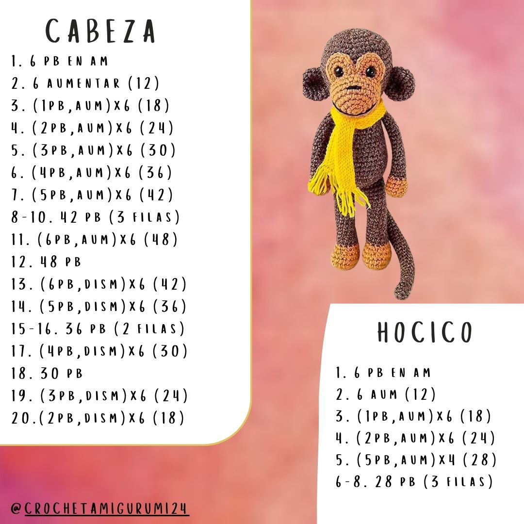 Patrón paso a paso de mono amigurumi con bufanda amarilla, incluyendo materiales y abreviaturas
