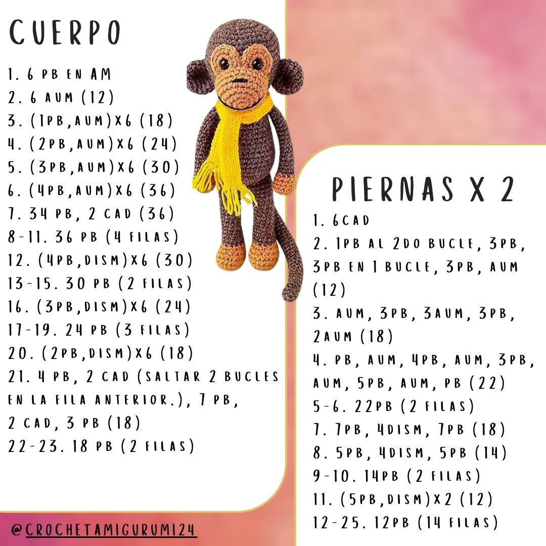 Patrón paso a paso de mono amigurumi con bufanda amarilla, incluyendo materiales y abreviaturas