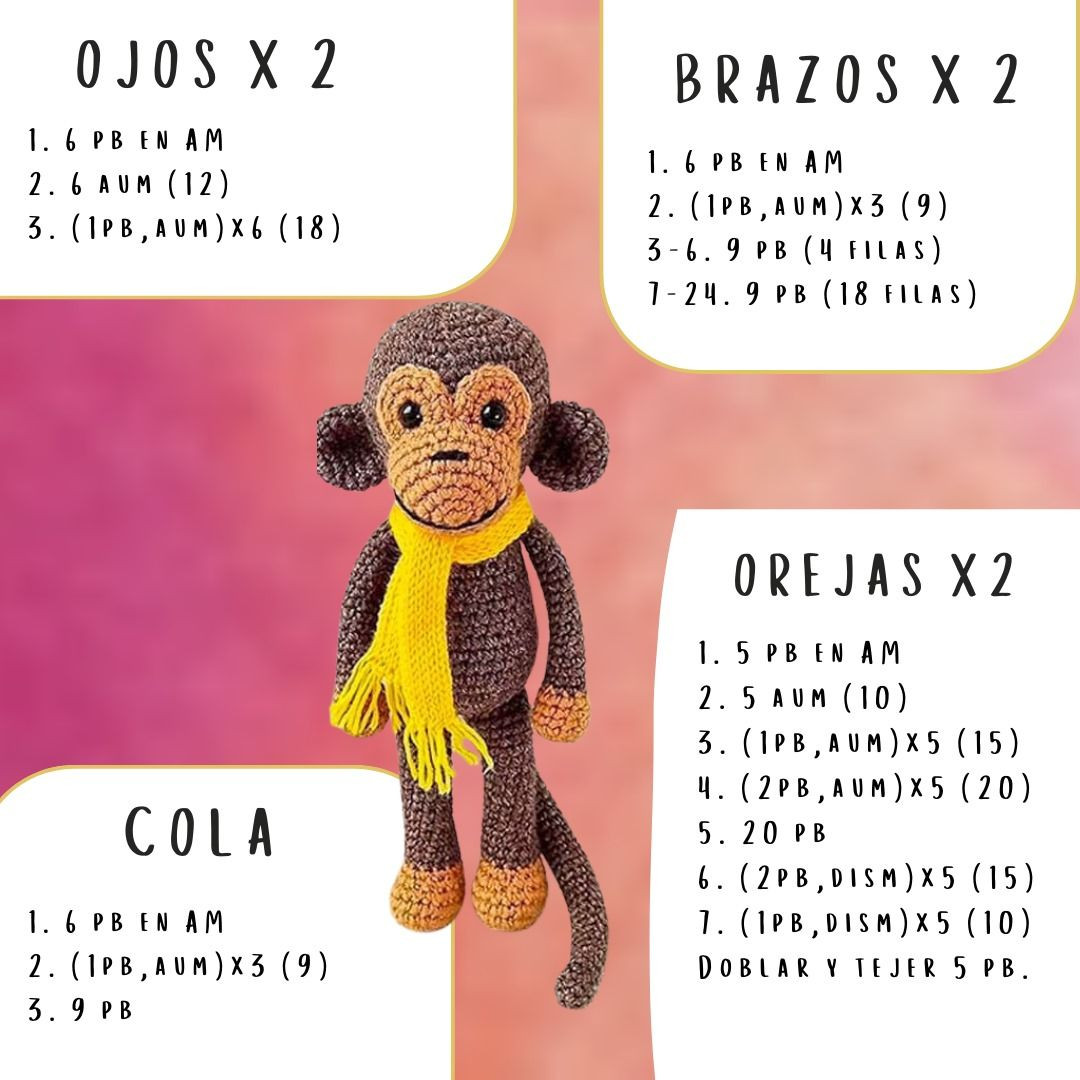 Patrón paso a paso de mono amigurumi con bufanda amarilla, incluyendo materiales y abreviaturas