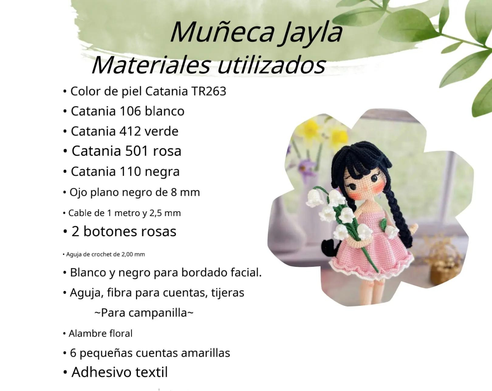 Patrón paso a paso para muñeca amigurumi Jayla con vestido rosa y flores