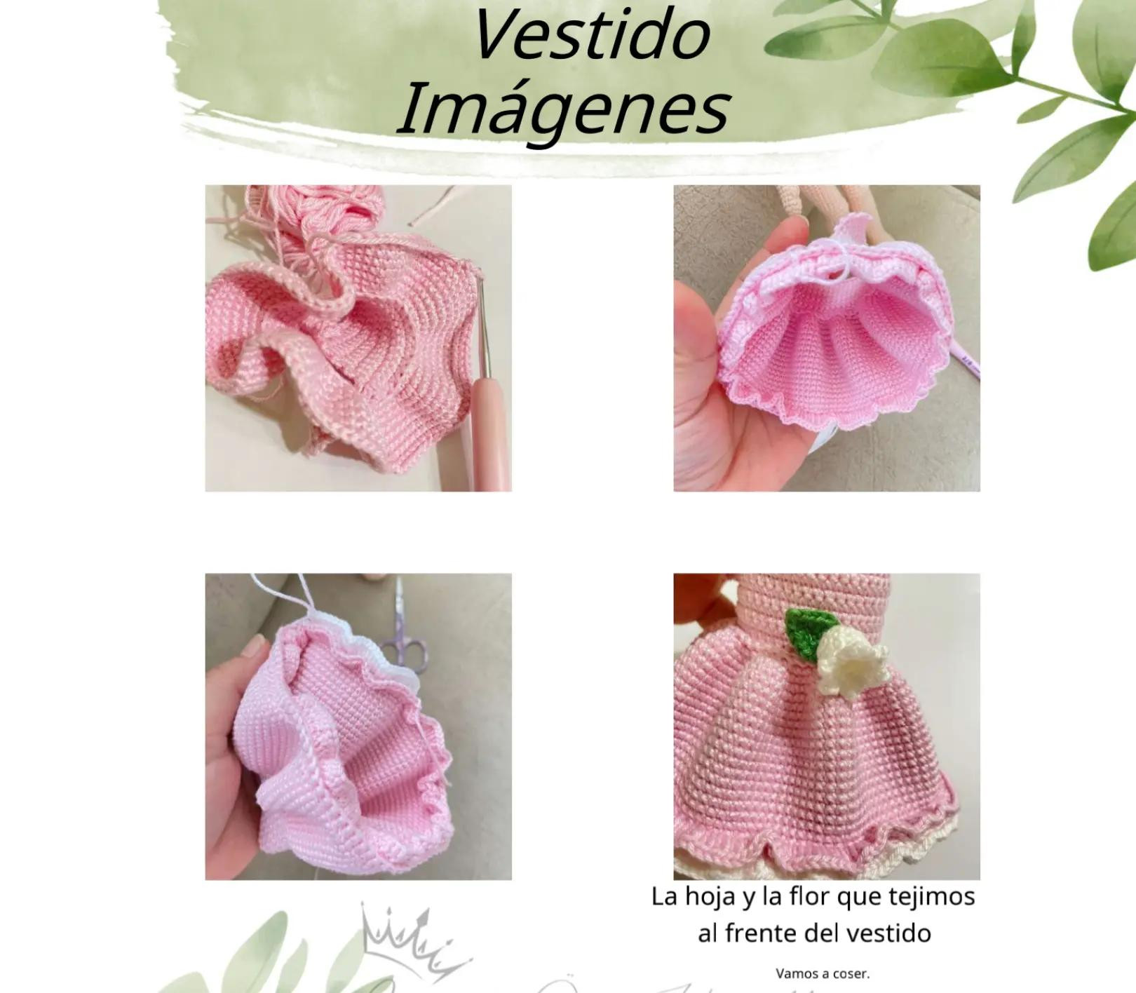 Patrón paso a paso para muñeca amigurumi Jayla con vestido rosa y flores