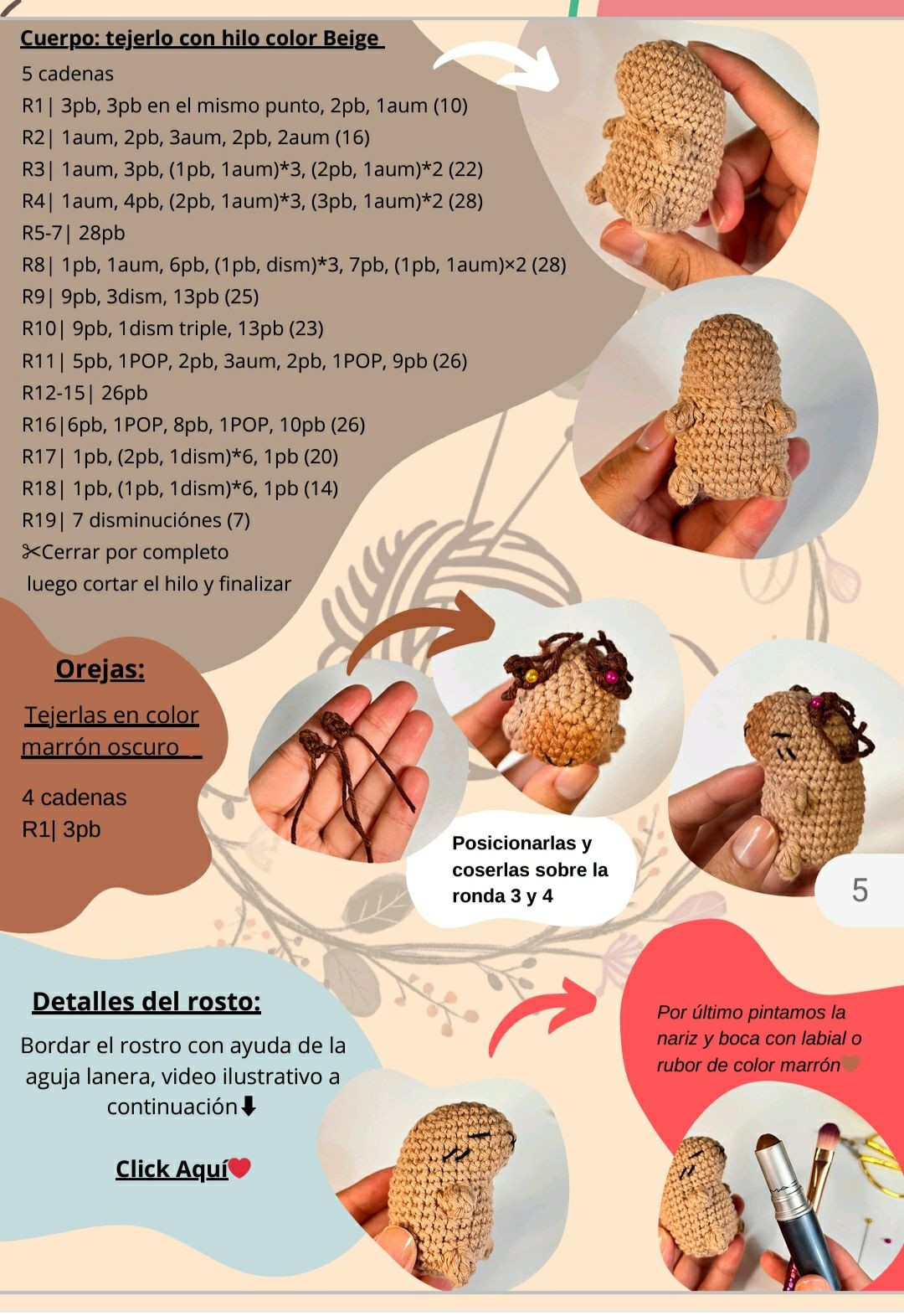 Patrón PDF Capibara Amigurumi Cuerpo: Tutorial de Crochet Paso a Paso con Instrucciones y Materiales
