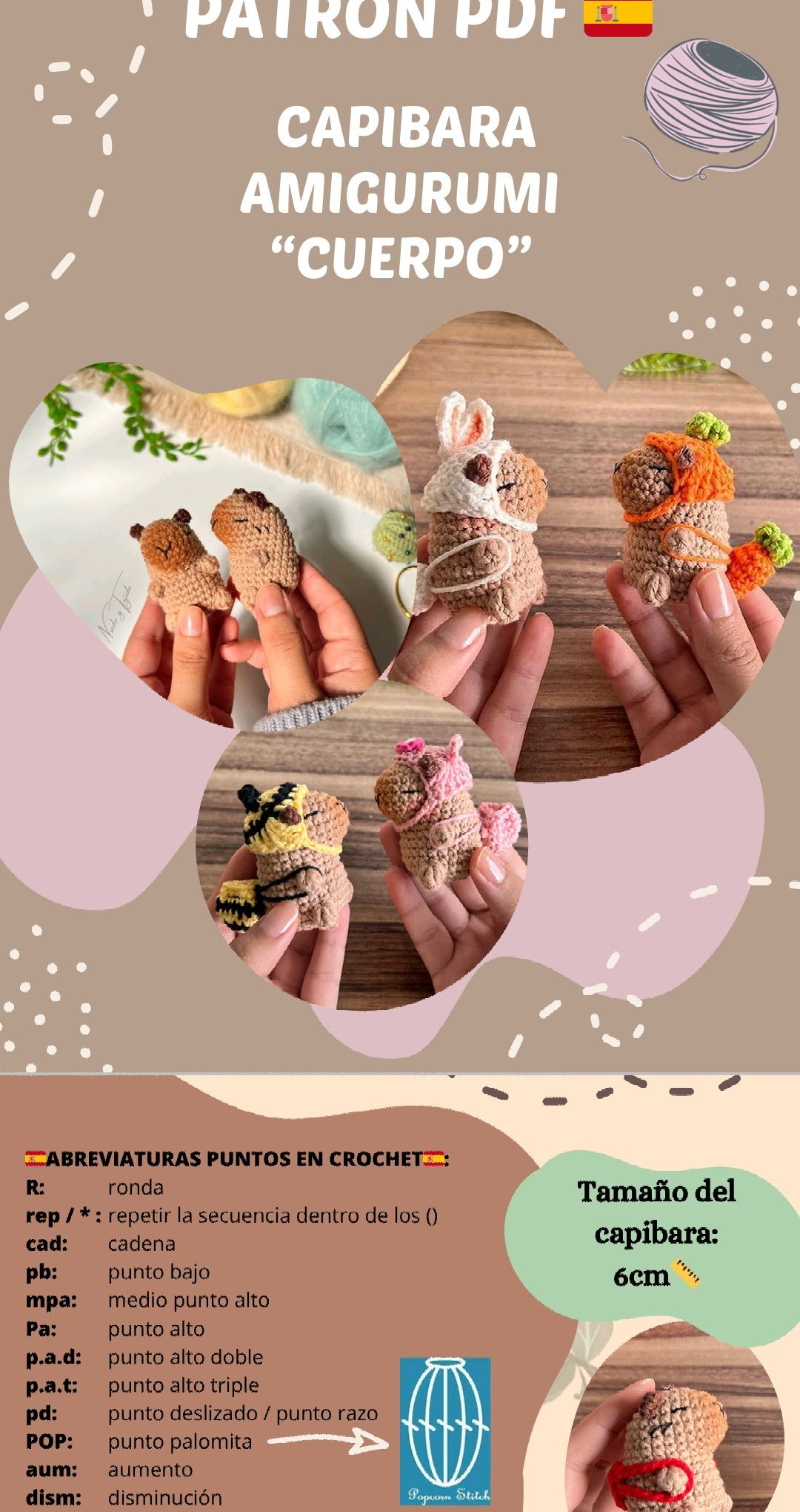 Patrón PDF Capibara Amigurumi Cuerpo: Tutorial de Crochet Paso a Paso con Instrucciones y Materiales