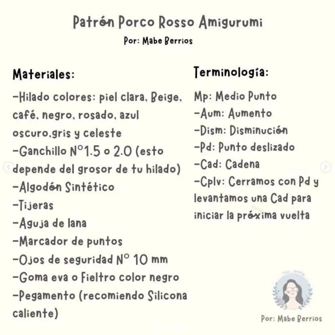 Patrón Porco Rosso Amigurumi: Guía de materiales y pasos detallados para cabeza, gorro y lentes