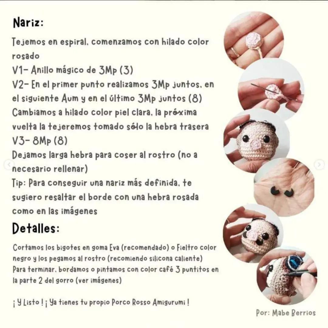 Patrón Porco Rosso Amigurumi: Guía de materiales y pasos detallados para cabeza, gorro y lentes