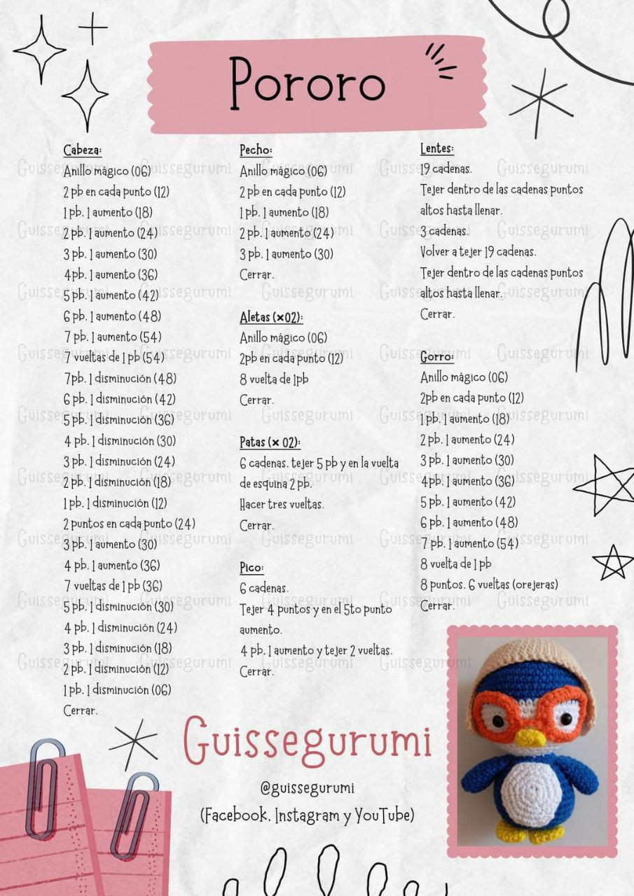 Patrones de crochet para Perrito, Mapache, Pulpo, Búho y Pororo