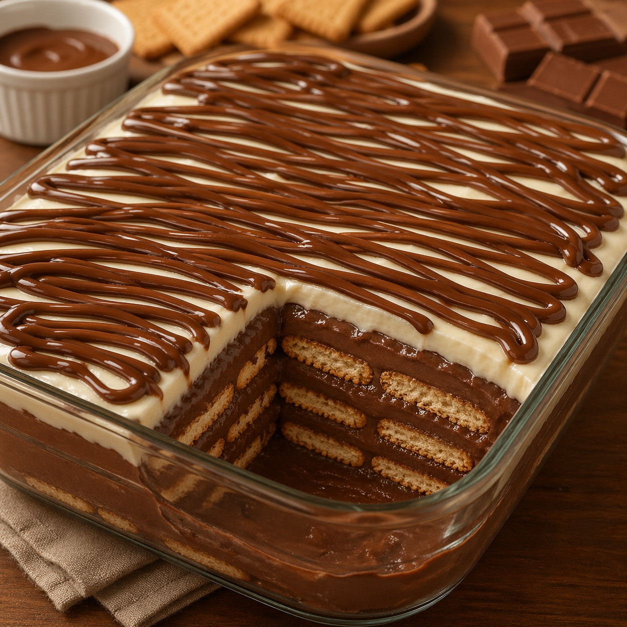 Pavê de Chocolate Fácil: Camo biscoito maisena, sốt sô cô la và kem trắng