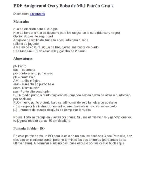 PDF Amigurumi Oso y Bolsa de Miel Patrón Gratis