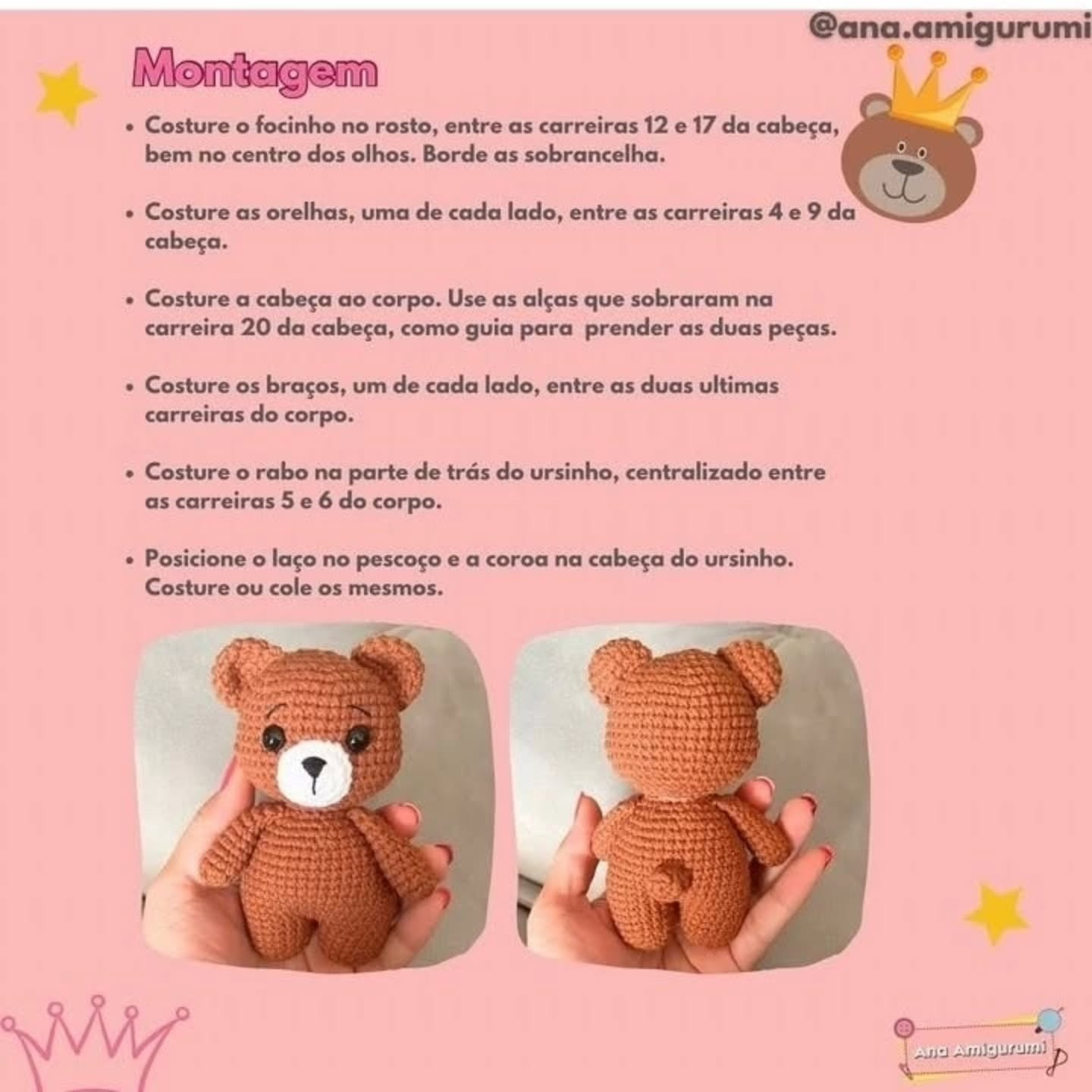 Pedro, o Ursinho Rei - Receita Gratuita de Amigurumi com Coroa Dourada e Laço Azul