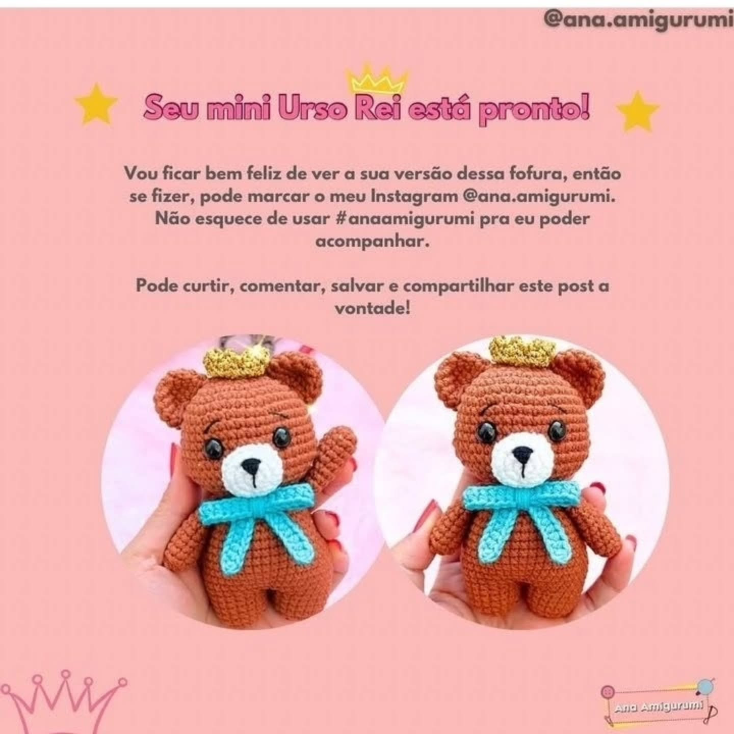 Pedro, o Ursinho Rei - Receita Gratuita de Amigurumi com Coroa Dourada e Laço Azul