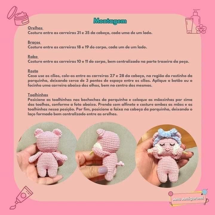 Penélope Receita Gratuita: Búp bê lợn hồng Amigurumi dễ thương với mũ xanh