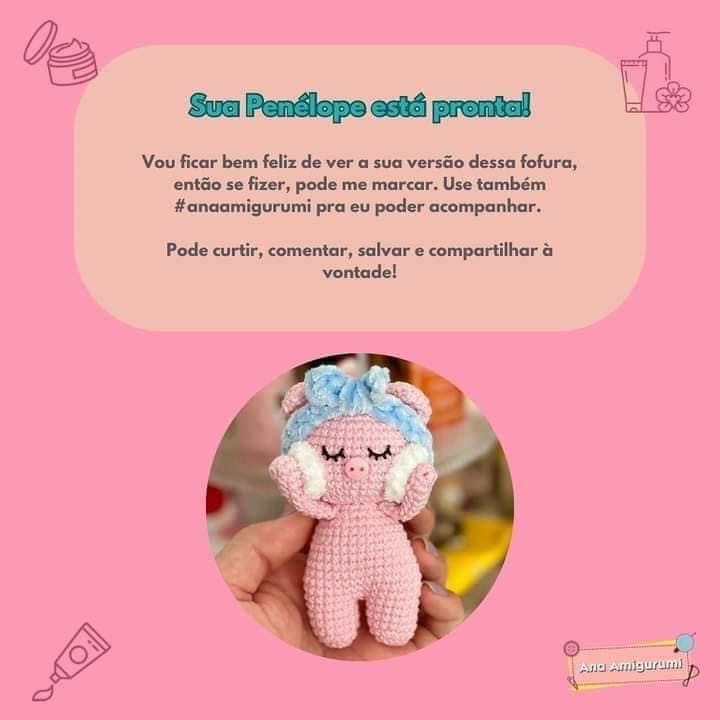 Penélope Receita Gratuita: Búp bê lợn hồng Amigurumi dễ thương với mũ xanh