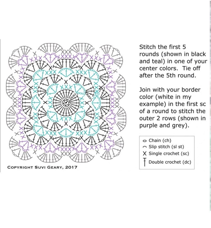 Pernille's Square free crochet pattern chart with colorful granny squares by Suvi Geary