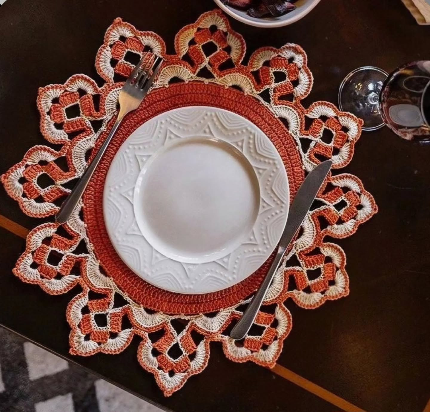 Persian Crochet Placemat Pattern: Intricate Orange and Cream Floral Design with Detailed Chart