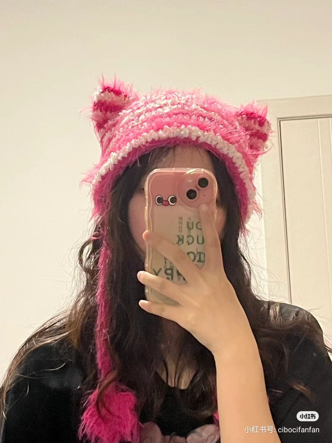 Pink and white fluffy cat ear crochet hat