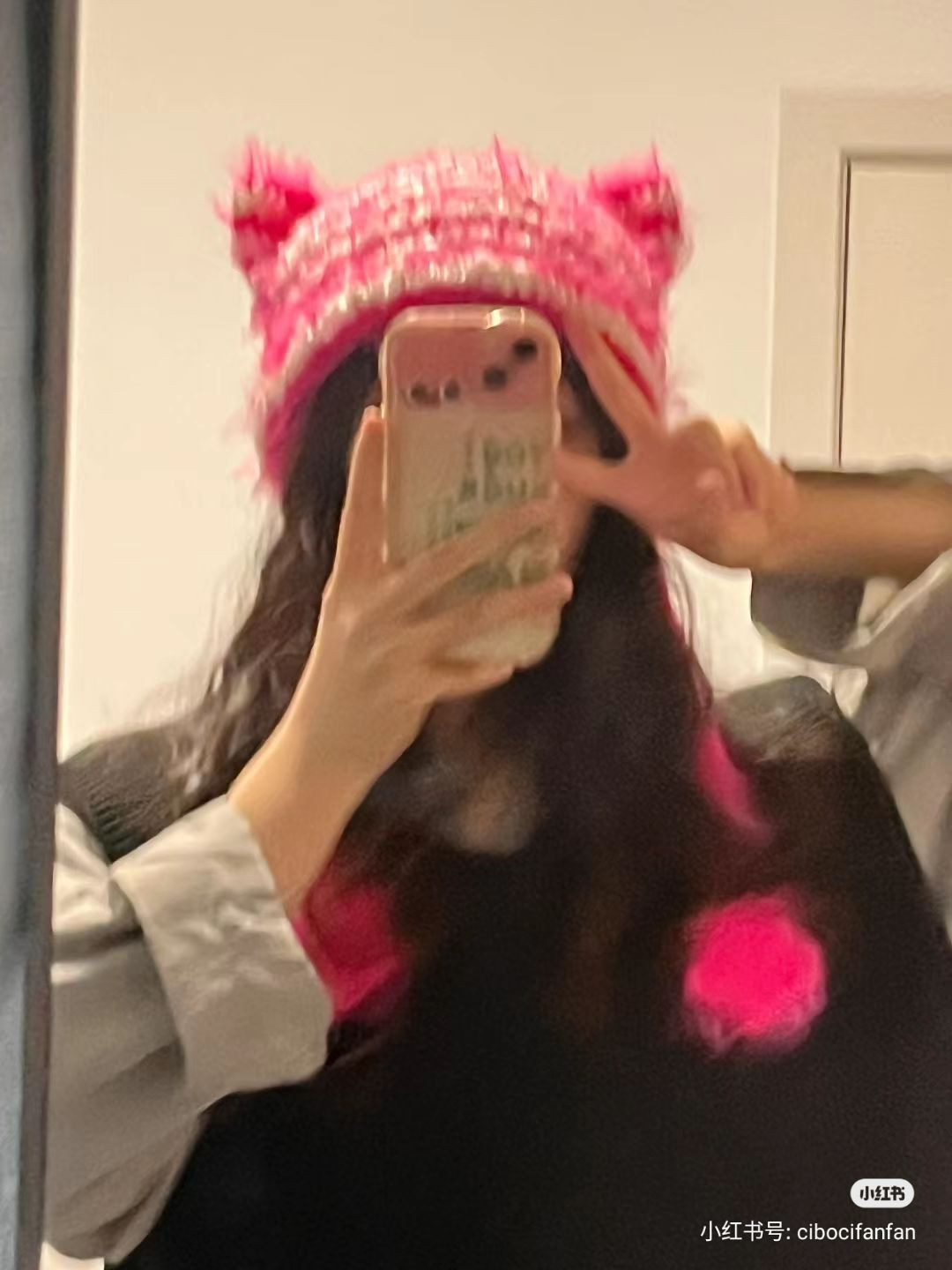 Pink and white fluffy cat ear crochet hat