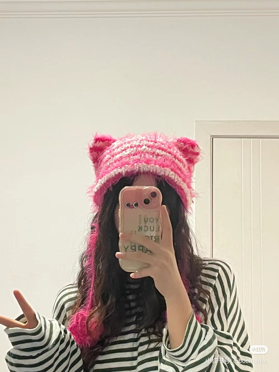 Pink and white fluffy cat ear crochet hat